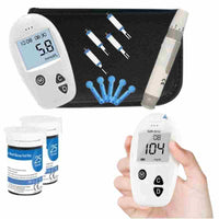 Kit de test de diabète avec testeur de glycémie, autopiqueur, lancettes et bandelettes... et son étui de protection.